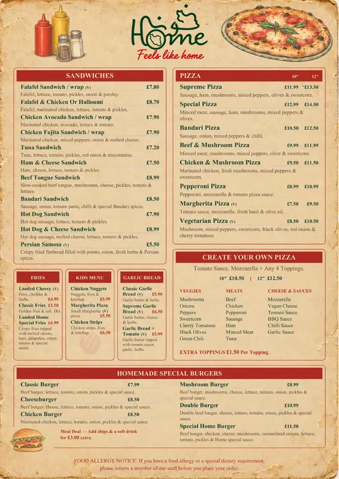Home food menu in English with sandwiches, pizza, create your own pizza, burgers, fries, kids menu and garlic bread with prices